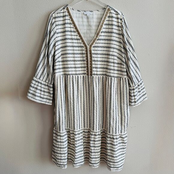 J Jill Striped Tiered Dress Sz XL Boho Coastal Grandma Cotton V-Neck Flowy - Picture 2 of 7